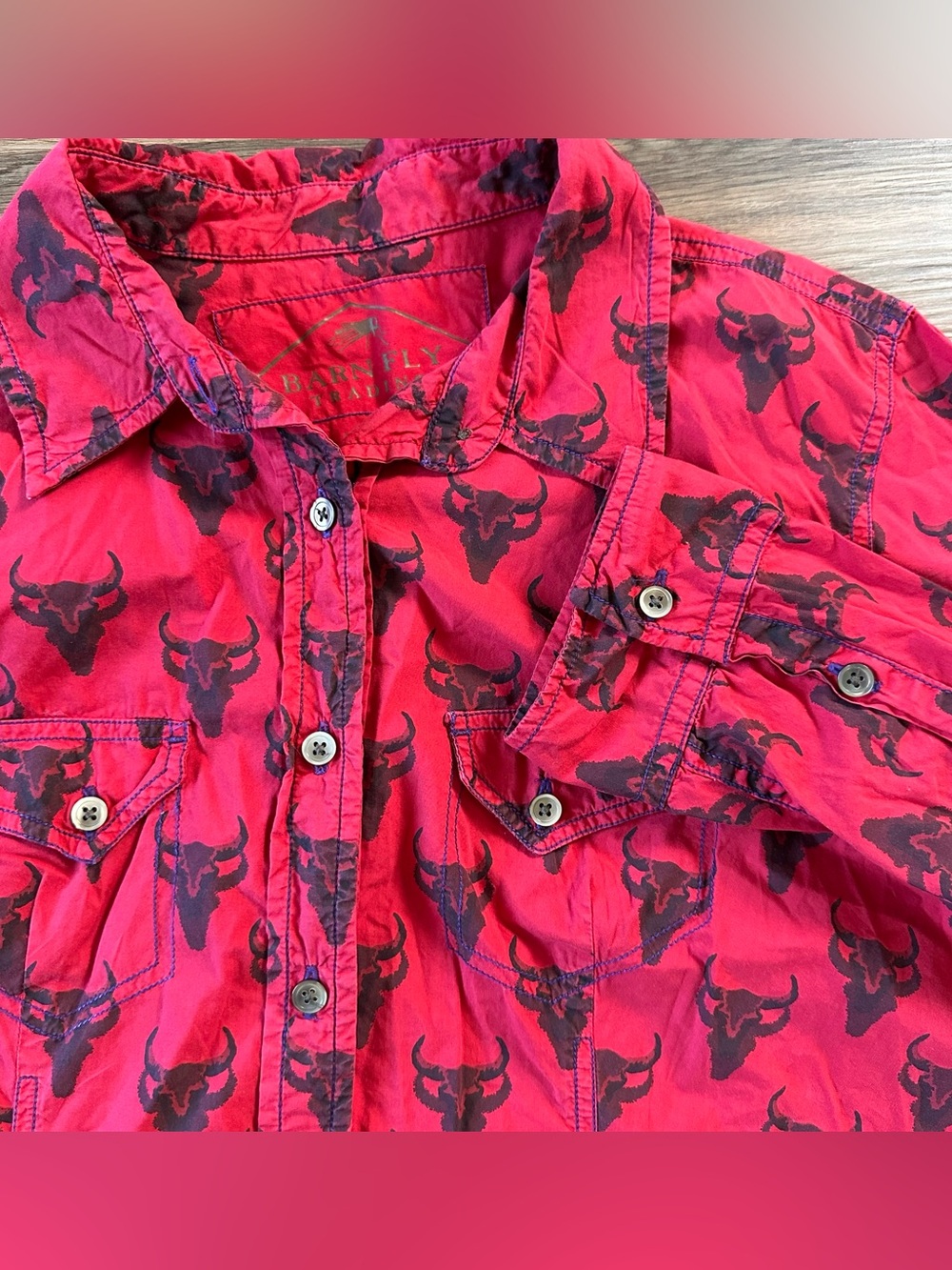 Barn Fly Womens Button Up Western Shirt Double Cow Skull AOP Red Western Large